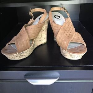 GUESS Leather & Cork Wedge Heel Sandal Brown 8_492